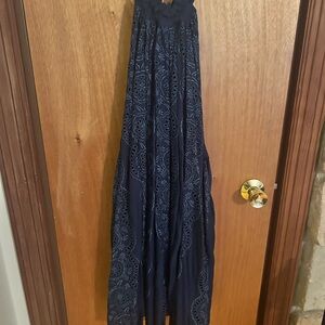 Free People Blue Maxi A-Line Skirt with Smocked Pleats